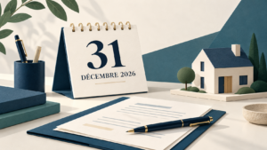 Calendrier du 31 décembre 2026, documents et maquette de maison pour préparer sa fiscalité de fin d’année.